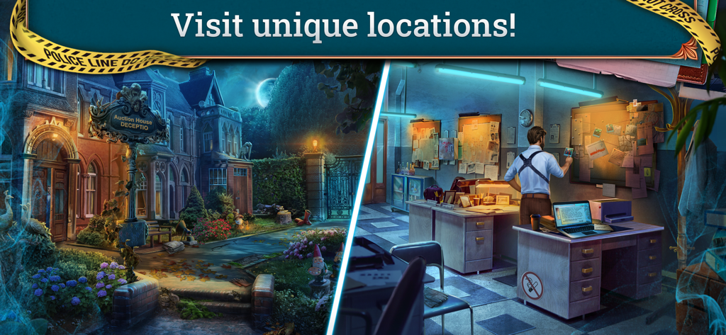 Unsolved Case: Episode 2 - F2P - Pantalla dividida que muestra el exterior misterioso de una casa de subastas y una oficina de detectives con un tablero de investigación.