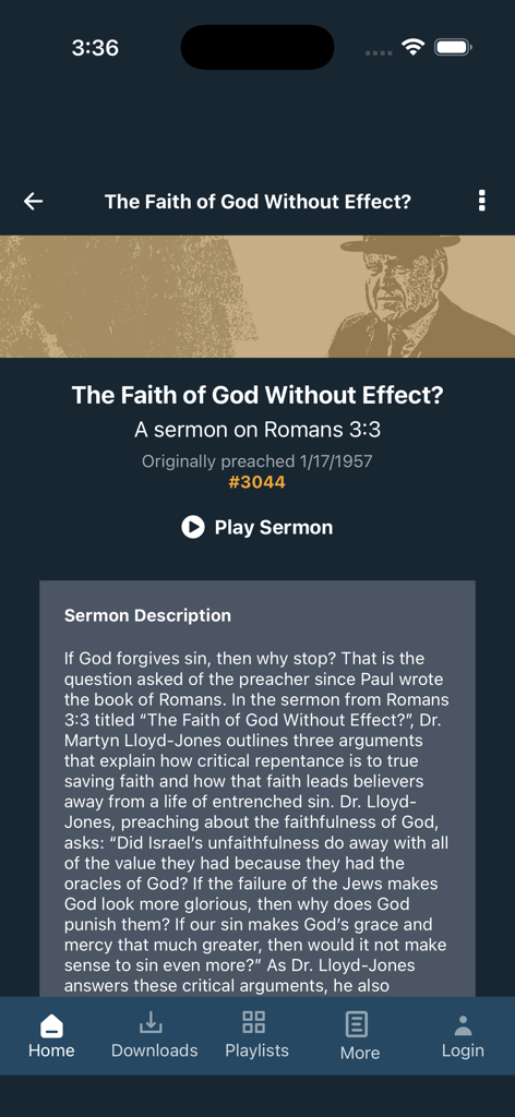 Interface de l'application MLJ Sermons affichant les détails d'un sermon d'enseignement biblique sur Romains 3:3.