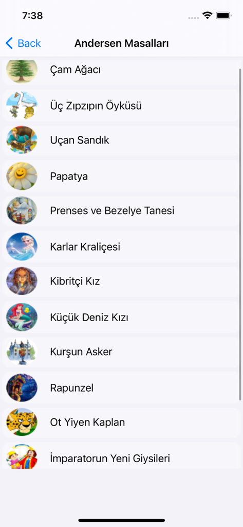 A mobile app screen showing a list of Hans Christian Andersen stories in Turkish with colorful illustrated icons