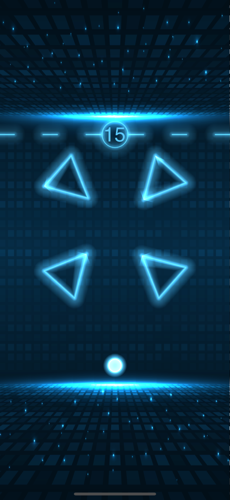 Pantalla de juego de Tap To Dash en azul neón que muestra obstáculos geométricos brillantes y un indicador de puntuación