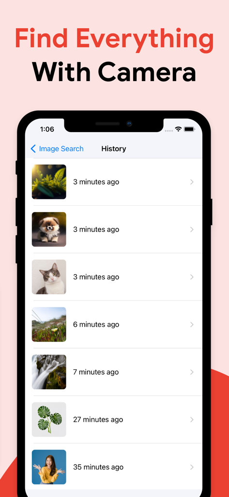 植物や動物のサムネイルを含む画像検索履歴を表示するスマートフォン。