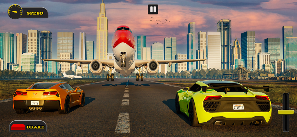 Airplane Simulator Plane Game - Un avion décolle au-dessus de deux voitures de sport sur une piste avec la ligne d'horizon d'une ville en arrière-plan