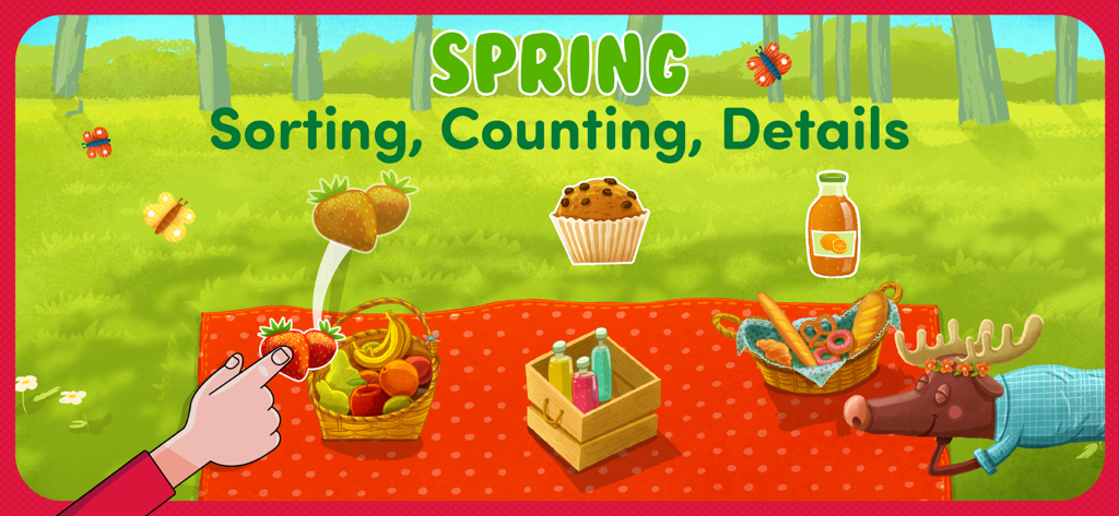 Lehrreiches Kleinkindspiel, das eine Frühlingspicknickszene zum Sortieren und Zählen zeigt