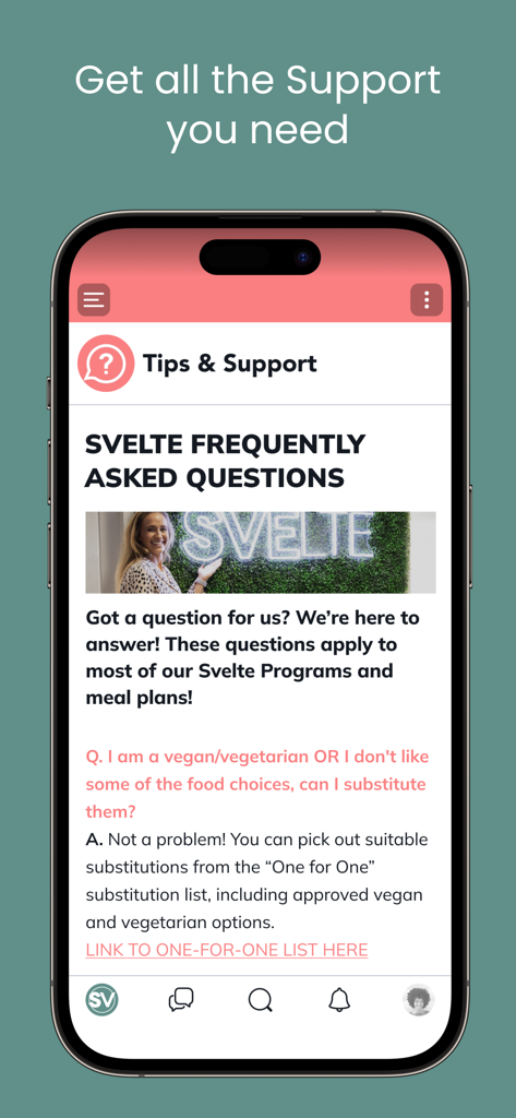 Tela de Dicas e Suporte do aplicativo Svelte mostrando perguntas frequentes sobre substituições de planos de refeição.