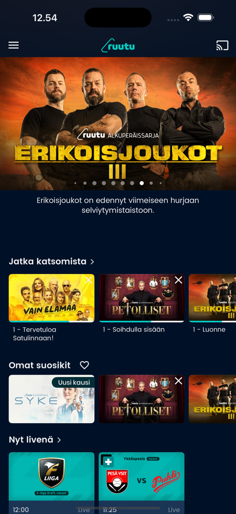 Ruutu - Home screen of the Ruutu app showing Finnish TV shows and live sports coverage
