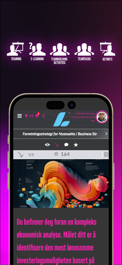 Experience live - Pantalla móvil que muestra un módulo de capacitación corporativa en la aplicación Experience Live con un complejo gráfico de visualización de datos en 3D.