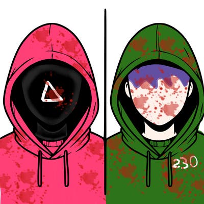 a person with a hoodie and no face, the drawing is split in 2