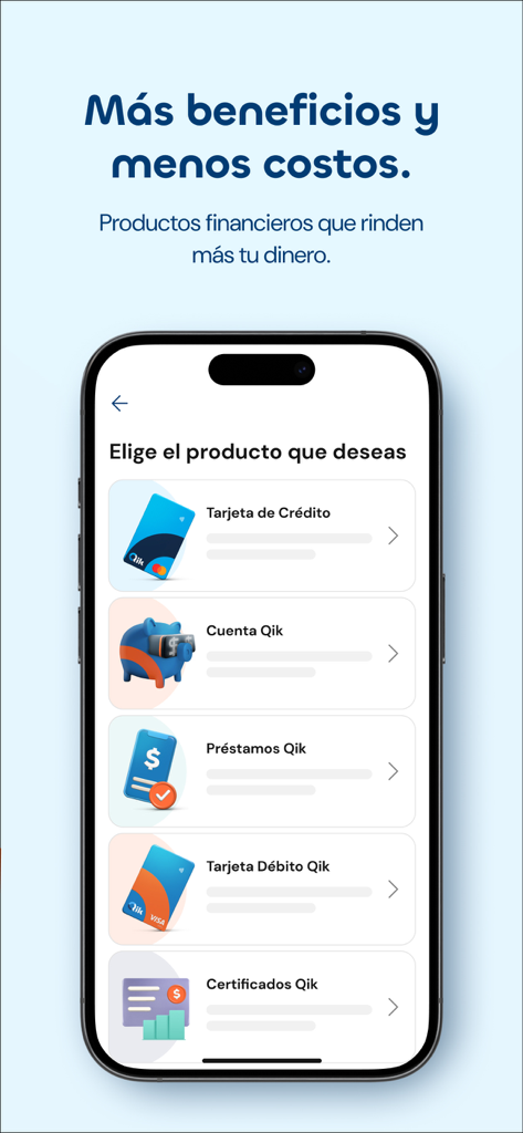 Qik Banco Digital - Menüanzeige von Finanzprodukten einschließlich Kreditkarten und Sparkonten in der Qik Banco Digital App