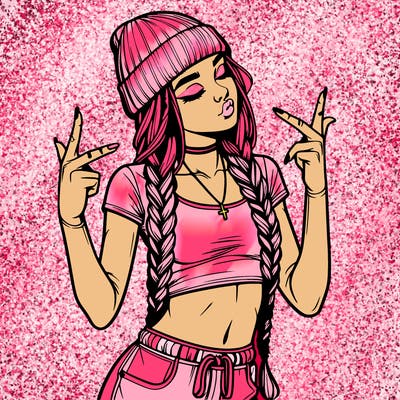 realistic teenage girl with braids and a beanie and crop top doing 🫶🏼