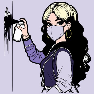 realistic girl with mask spray painting a wall