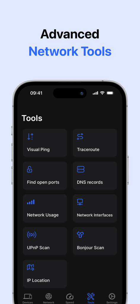 Network Scanner: WiFi Analyzer - A menu of advanced network diagnostic tools in the Network Scanner app including Ping and Traceroute