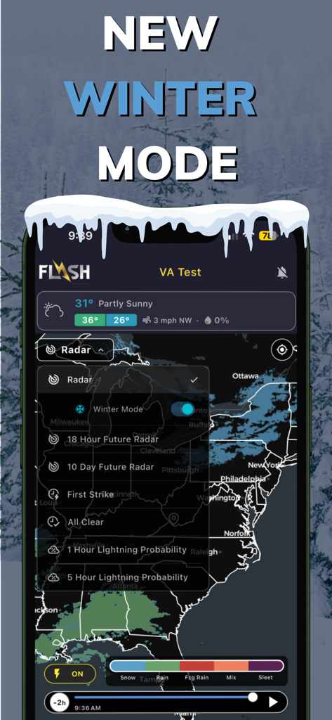 Flash Weather AI - Interface de l'application Flash Weather AI montrant le nouveau mode hiver avec une carte radar régionale et des types de précipitations comme la neige et le grésil.