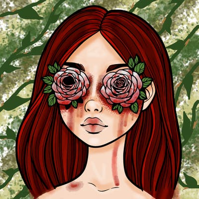 a realistic girl with roses for eyes