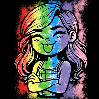 realistic girl crossing her arms and wearing a tank top with her tongue held out she has long hair