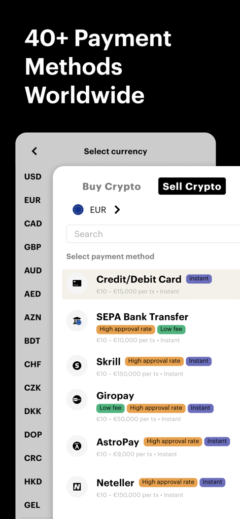 Interfaz de la app Paybis que muestra una lista de más de cuarenta métodos de pago globales para comprar y vender criptomonedas.