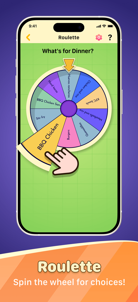 Finger Chooser & Random Picker - Ruleta de la app Elegidor de Dedos eligiendo Pollo BBQ para cenar