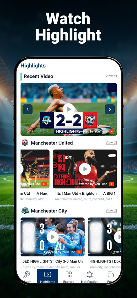 Football Live Score & Stats - Mobile app screen showing recent soccer match highlights and video previews for teams like Manchester United and Manchester City
