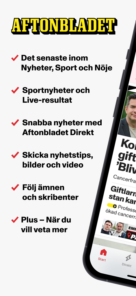 Schermata promozionale dell'app Aftonbladet Nyheter che evidenzia notizie, sport, risultati live e funzionalità premium