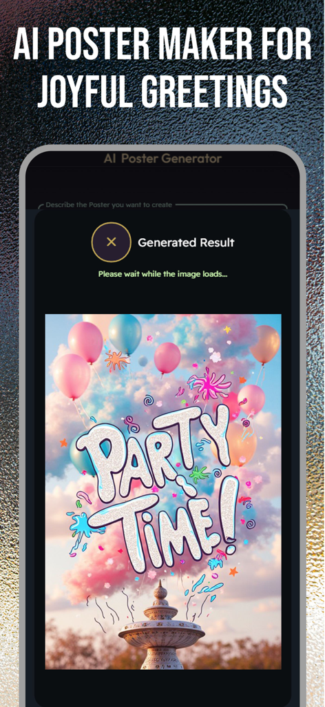 Happy Birthday Greeting eCards - Interfaz del generador de pósters de IA mostrando una colorida tarjeta de felicitación de fiesta con globos y nubes