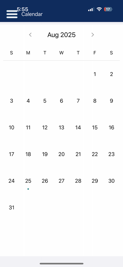 DPS MIS Doha - DPS MIS Doha app school calendar screen showing dates for August 2025 with an event indicator on the 25th