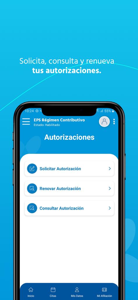 EPS Sanitas mobile app screen showing options to request renew and consult medical authorizations