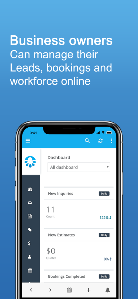 OctopusPro - OctopusPro app dashboard showing leads and bookings management for business owners