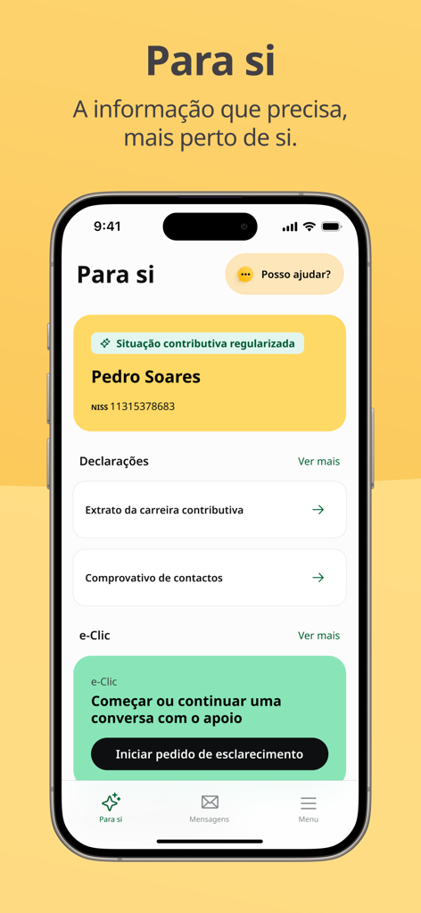 Panel de control de la aplicación móvil Seguranca Social que muestra un perfil de usuario con el estado de las contribuciones y acceso a extractos.