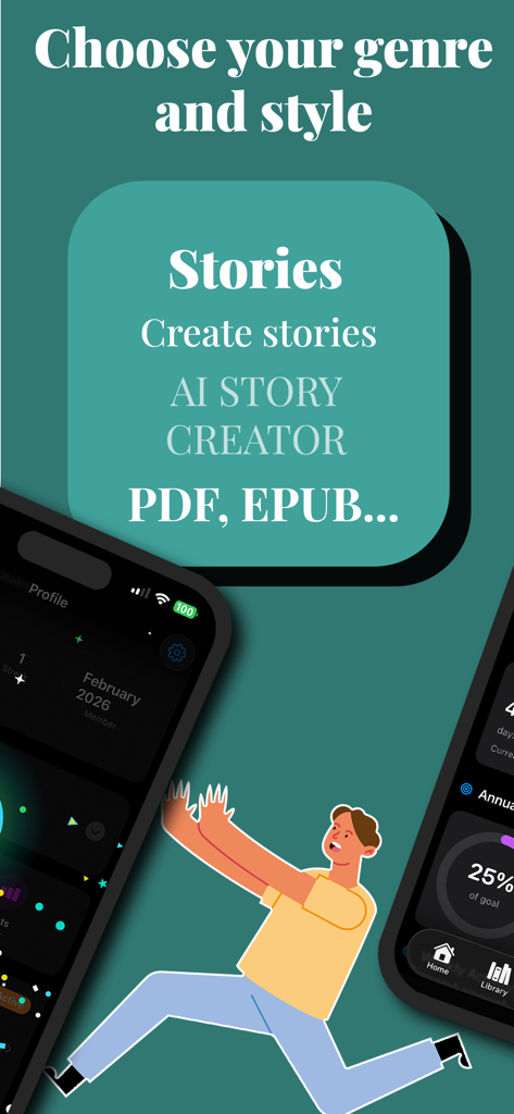 AI Story: Read & Book Tracker - Mobile app interface for AI Story showing reading progress stats and AI story generation features with a stylized character.