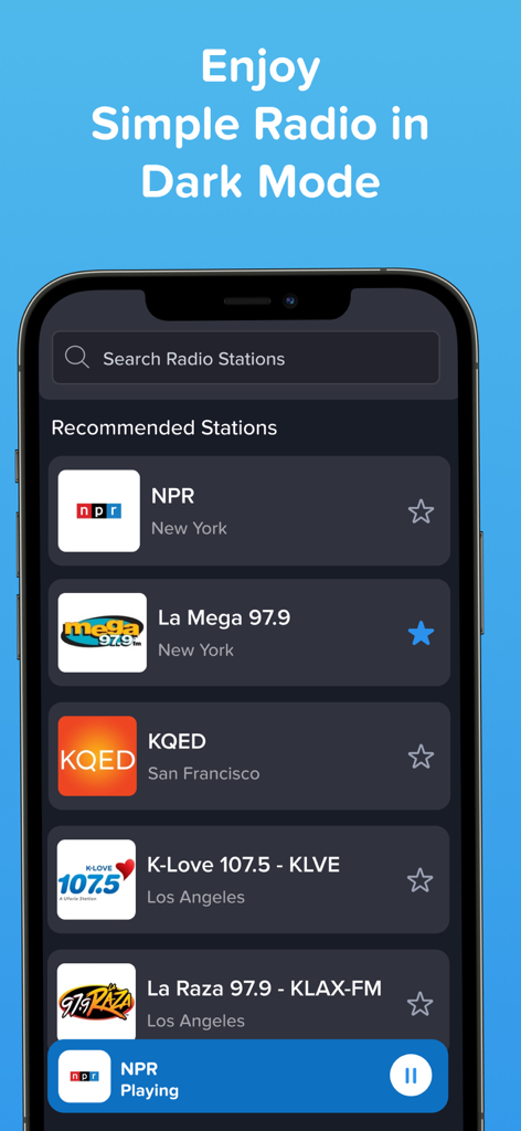 Screenshot of Simple Radio app in dark mode featuring a list of recommended FM and AM stations like NPR and La Mega.