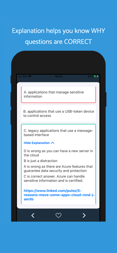 Ein Screenshot der MS-900 Exam App, der eine Übungsfrage mit einer detaillierten Erklärung für die richtige Antwort zeigt.