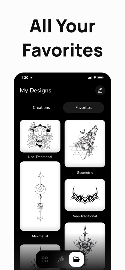 Ink4アプリのインターフェースに、様々なスタイルのAI生成タトゥーデザインのお気に入りのコレクションが表示されている