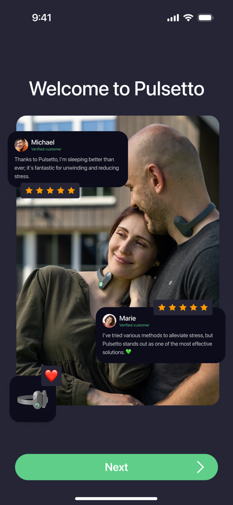 Begrüßungsbildschirm der Pulsetto Wellness App, der Benutzer mit dem VNS-Gerät und positiven Testimonials zeigt.
