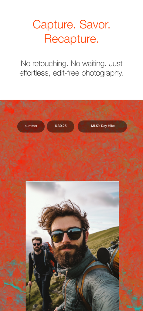 Capria - Capria app interface featuring a hiking photo with vibe tags and promotional text for edit-free photography.