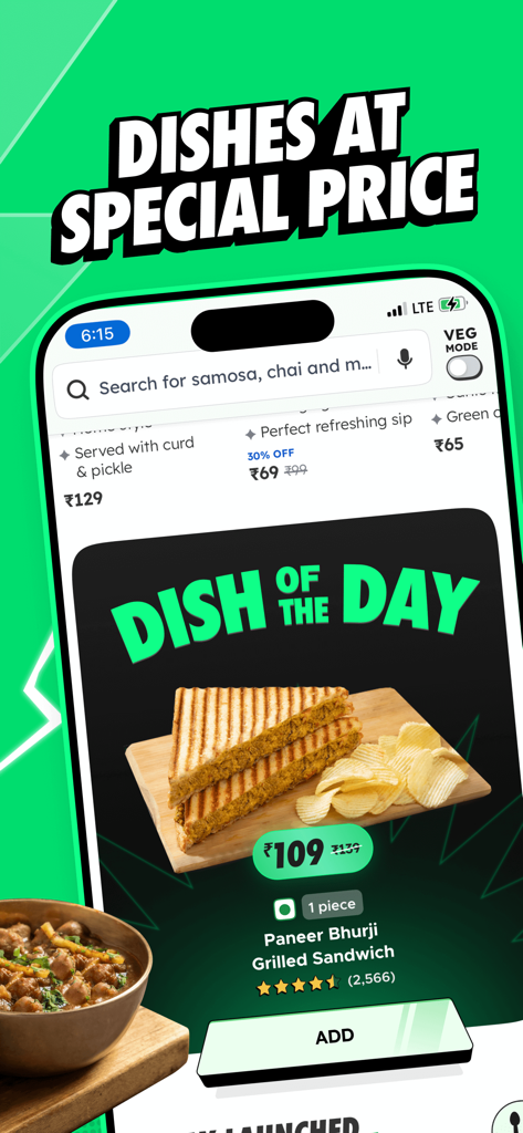 Bistro: Food in minutes - Bistro app interface showing special prices and the Dish of the Day featuring a grilled sandwich