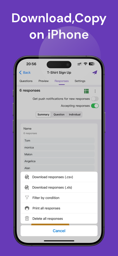 Forms for Google Drive App-Benutzeroberfläche auf dem iPhone, die Optionen zum Herunterladen von Formularantworten im CSV- oder Excel-Format anzeigt
