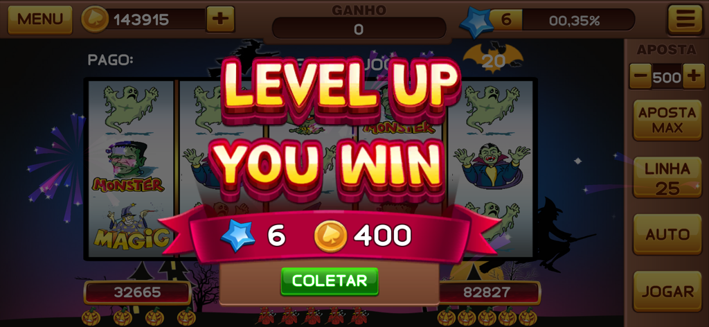 Halloween Caça Níquel - Level up win screen in the Halloween slot machine game showing reward coins and stars