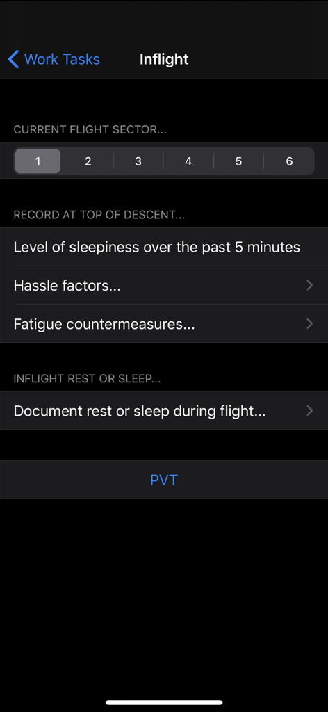 NASA PVT+ - NASA PVT+ inflight data collection screen for pilots to record sleepiness and fatigue factors
