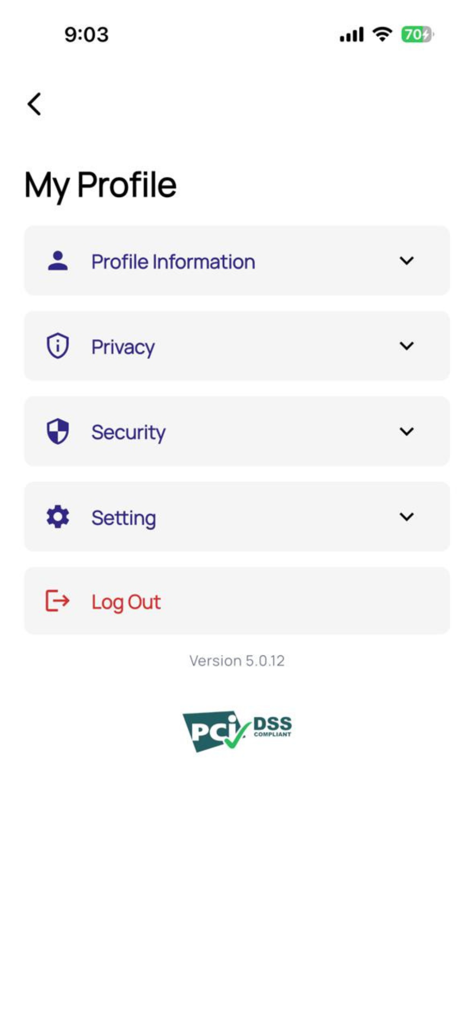 AZ eWallet - User profile screen of the AZ eWallet app featuring account settings and privacy options