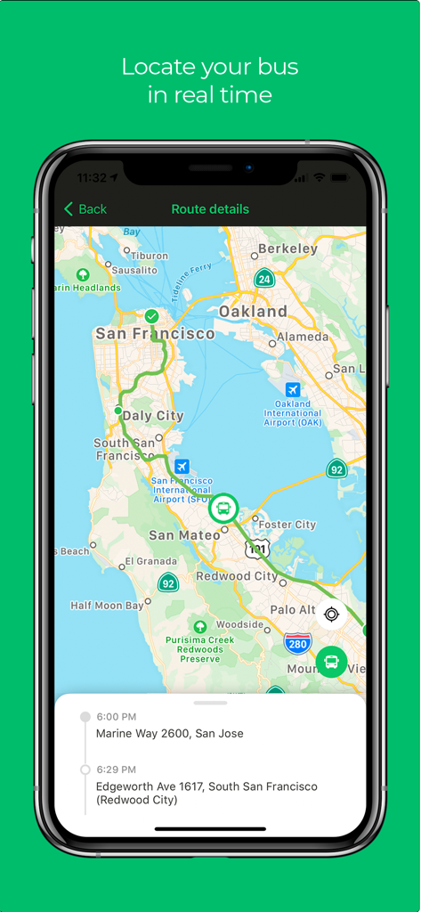 BUSUP - BUSUP app interface showing a real-time bus location and route on a map of San Francisco