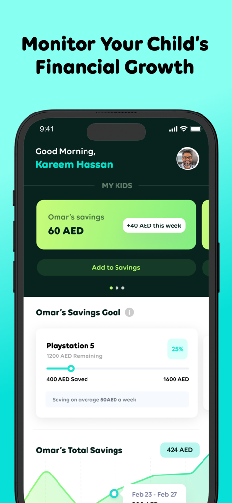 Leap - Youth Financial App - Parent dashboard in the Leap app showing a child's savings goals and financial progress