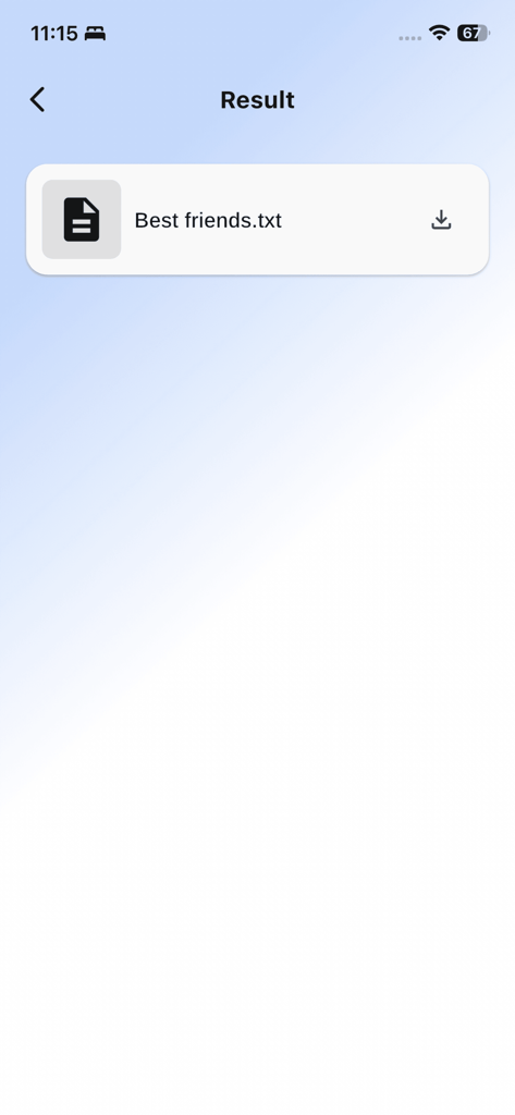 Image to Text Scanner OCR App - La pantalla de resultados de la App Escáner de Imágenes a Texto OCR mostrando un archivo de texto convertido listo para descargar.