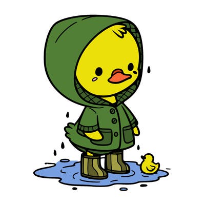 baby duck in a rain coat and boots, in a puddle while it’s raining
