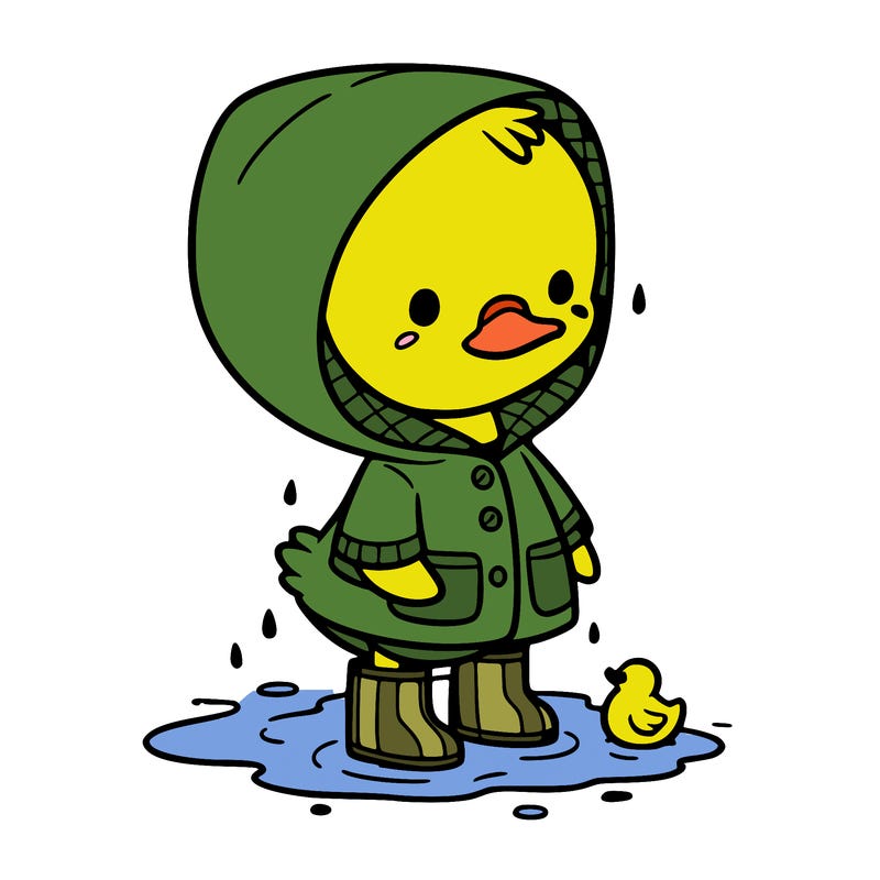 baby duck in a rain coat and boots, in a puddle while it’s raining