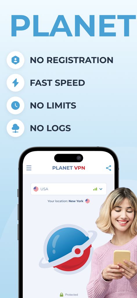 Free VPN Planet app interface highlighting no registration fast speed and no logs features