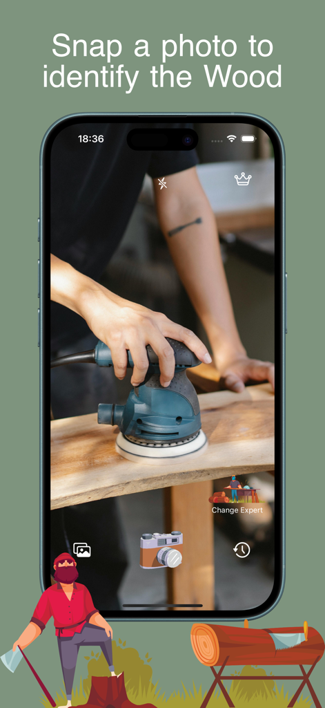 Wood Identifier: AI Scanner - Wood Identifier AI Scanner app interface showing a person scanning wood grain with a smartphone camera.