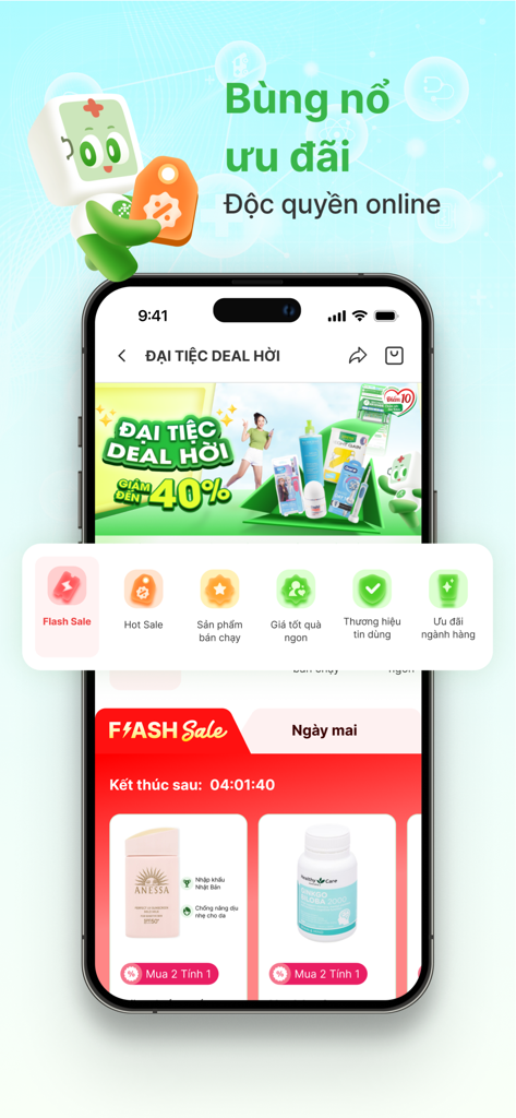 Nhà Thuốc An Khang - Nhà Thuốc An Khang薬局アプリのインターフェース。プロモーションフラッシュセールと医薬品割引が表示されています