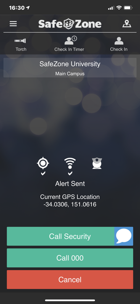SafeZone - SafeZone app interface showing an alert sent screen with institutional security and emergency call options.