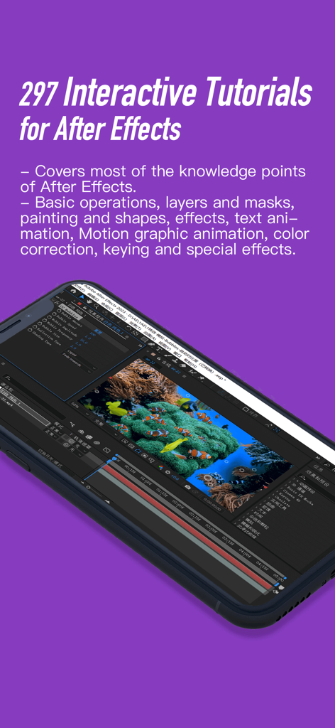 Tutorials for Photoshop CC - Pantalla de smartphone mostrando tutoriales interactivos de After Effects y la interfaz de edición de gráficos en movimiento