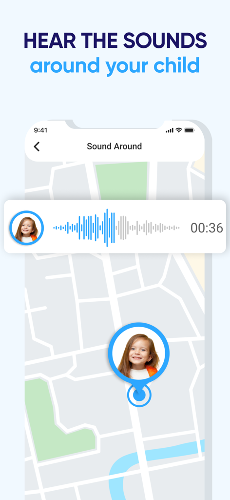 Ambient sound monitoring feature showing a child location on a map with an audio waveform