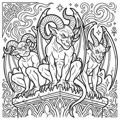 Discover an epic coloring adventure with three powerful Horned Gargoyles, intricately detailed and ready for your artistic touch. Perched on a gothic pedestal, they offer a majestic and challenging coloring experience for fantasy enthusiasts.
